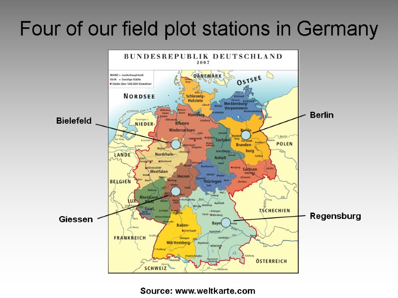 Four of our field plot stations in Germany Source: www.weltkarte.com Berlin Giessen Regensburg Bielefeld
